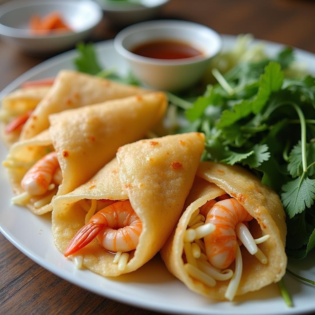 Bánh xèo tôm nhảy đặc sản Quế Sơn Quảng Nam ăn kèm rau sống và nước chấm