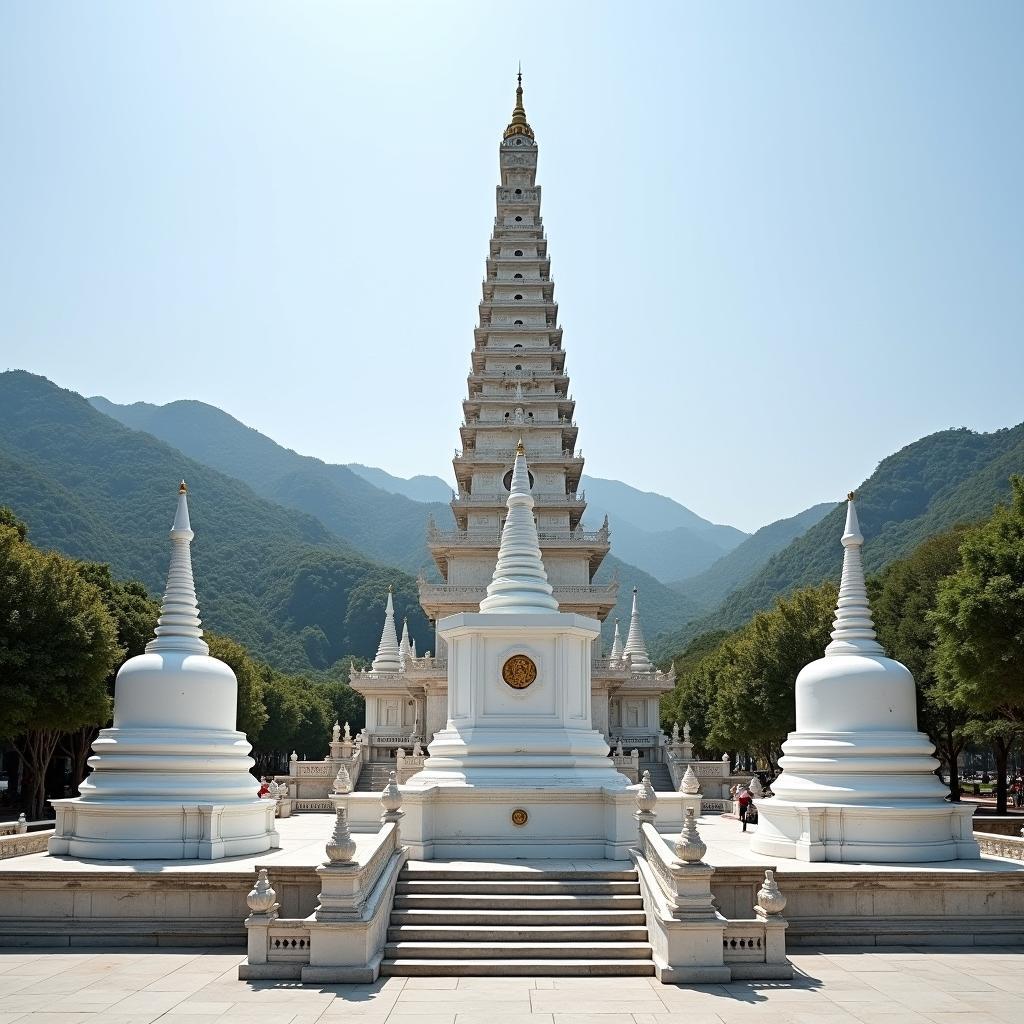 Cụm ba bảo tháp uy nghiêm và tháp chuông cao vút tại chùa Vân Linh trên đỉnh Thiên Cấm Sơn