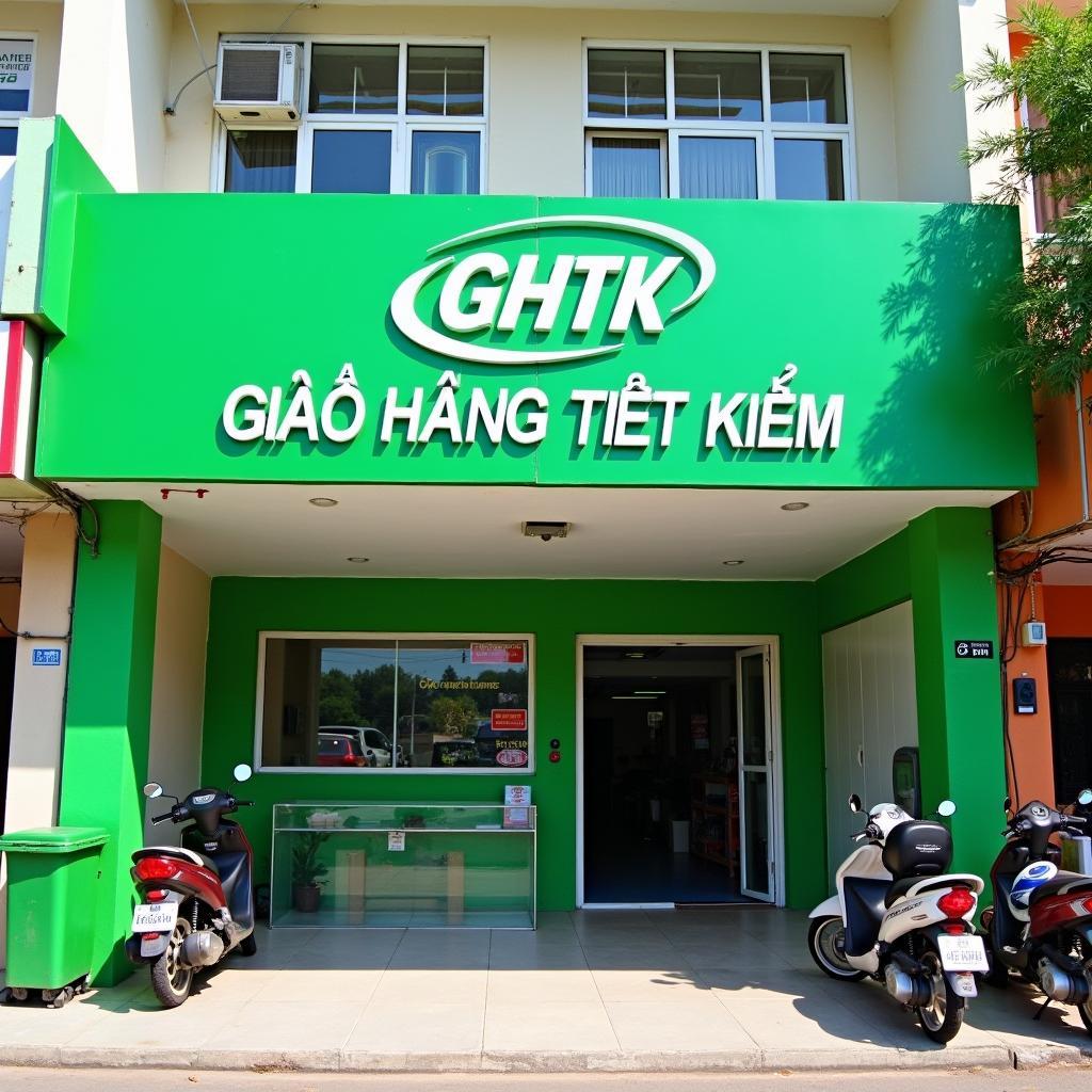 Hình ảnh bên ngoài bưu cục Giao hàng Tiết Kiệm tại huyện Hưng Hà, Thái Bình với biển hiệu đặc trưng màu xanh lá cây