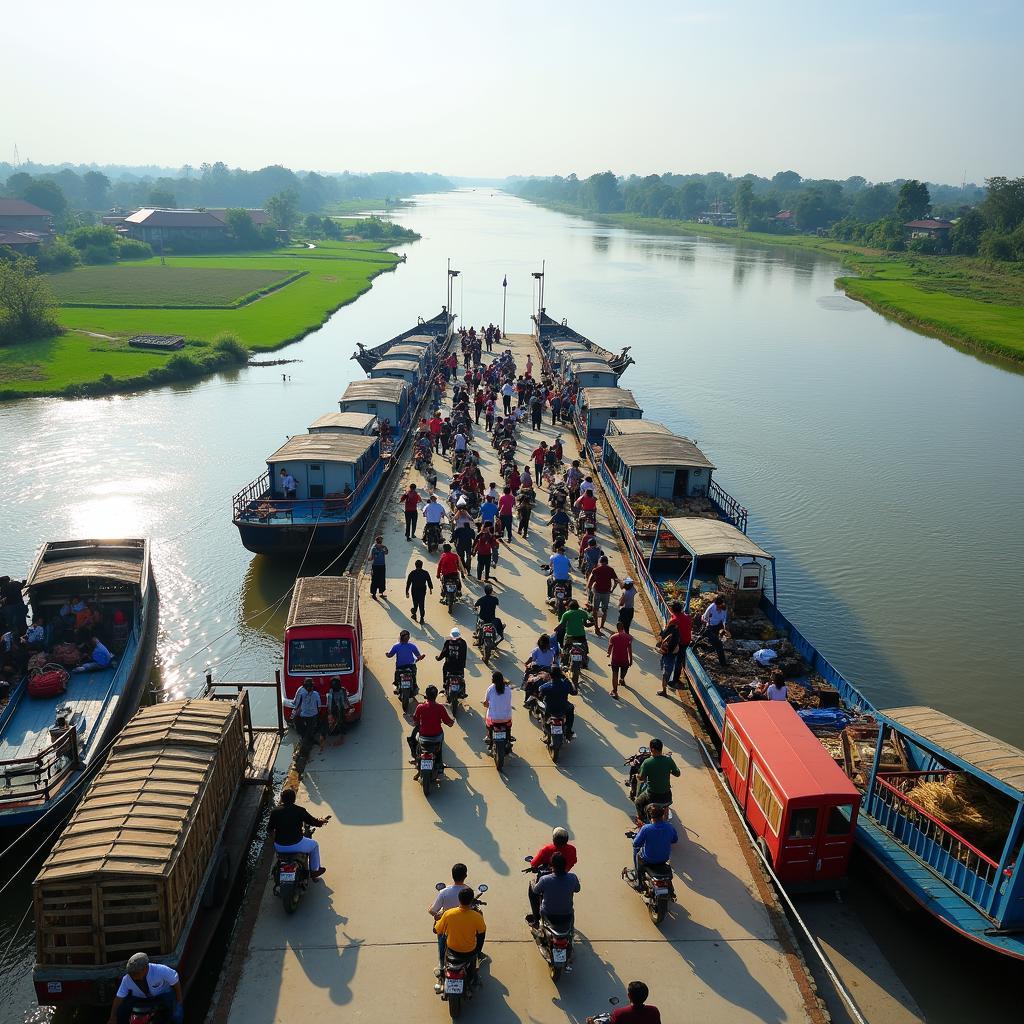 Hình ảnh bến phà Bình Ninh tấp nập người và xe cộ qua lại sông Tiền ở Chợ Gạo
