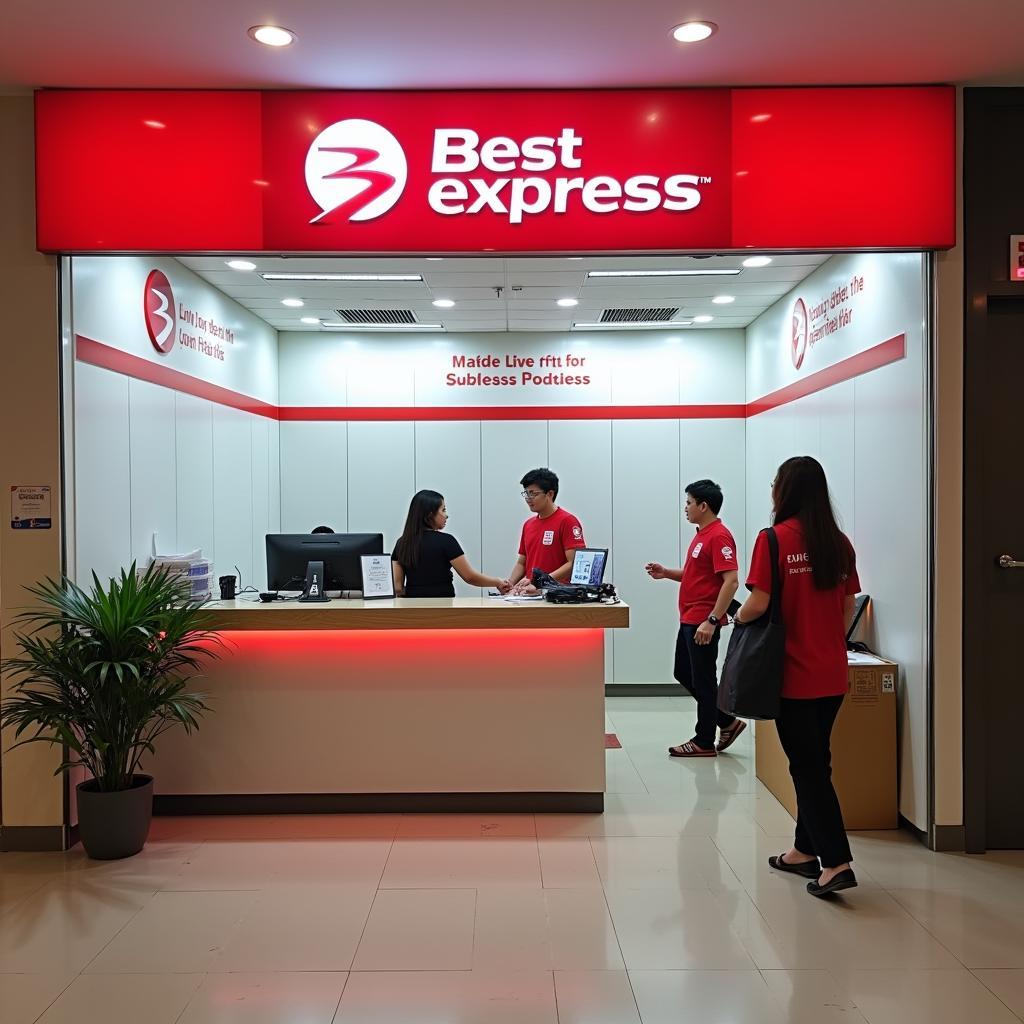 Quầy giao dịch bên trong bưu cục Best Express 127 Hoàng Thế Thiện, nơi nhân viên hỗ trợ khách hàng gửi và nhận hàng.