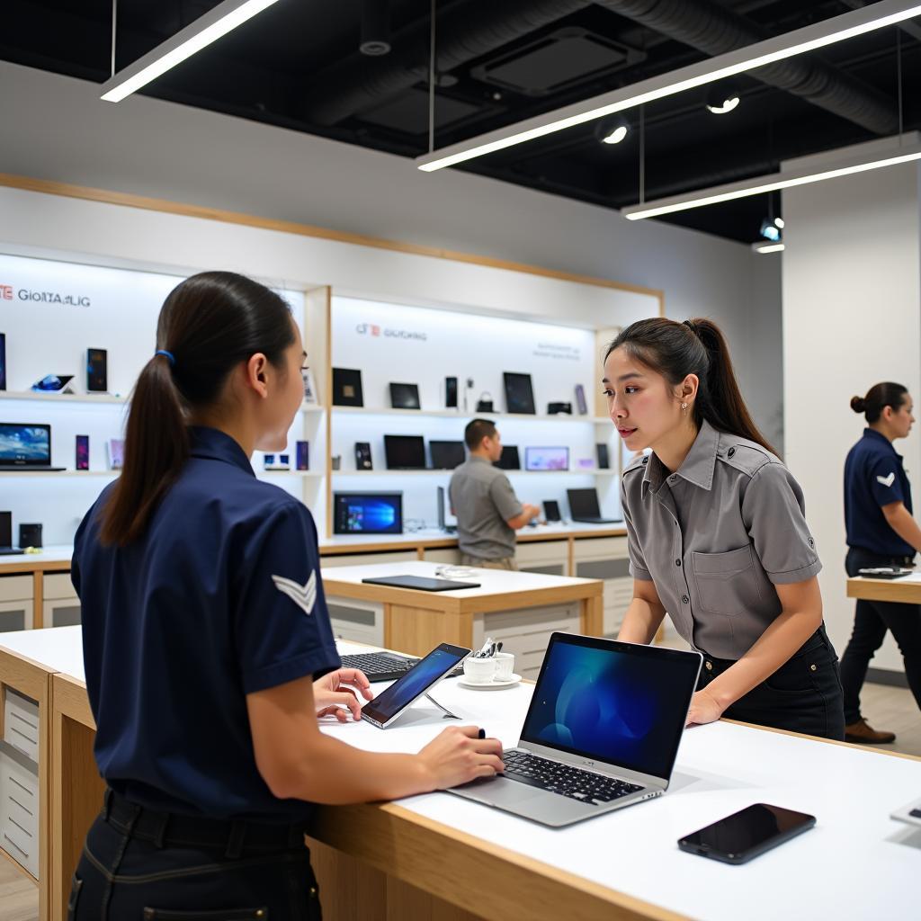 Bên trong cửa hàng Thế Giới Di Động Quận 7, nhân viên đang tư vấn cho khách hàng