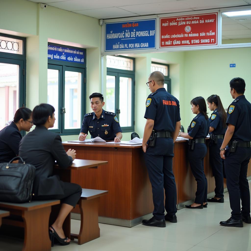 Người dân đang ngồi chờ làm thủ tục hành chính tại Công an phường Tân Sơn Nhì, quận Tân Phú, thể hiện quy trình làm việc.