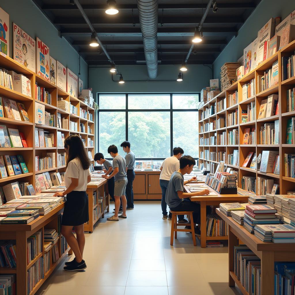 Bên trong Nhà sách Cần Giuộc với kệ sách, truyện và văn phòng phẩm đa dạng, sắp xếp gọn gàng.