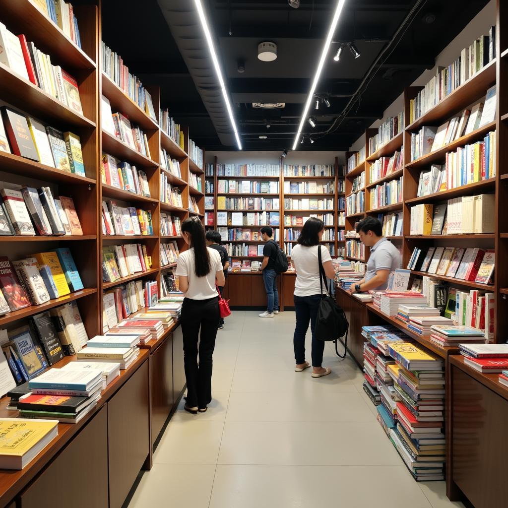 Bên trong Nhà sách Nguyễn Văn Cừ Thủ Đức với các kệ sách và khu văn phòng phẩm.