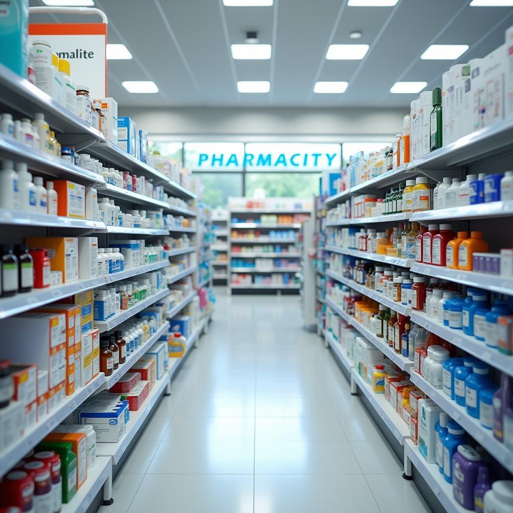 Bên trong nhà thuốc Pharmacity 204 Gò Xoài Bình Tân, trưng bày đa dạng các loại thuốc và sản phẩm chăm sóc sức khỏe
