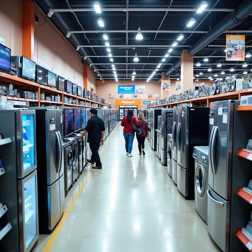 Không gian bên trong siêu thị MediaMart Vĩnh Tuy trưng bày sản phẩm điện máy điện lạnh gia dụng