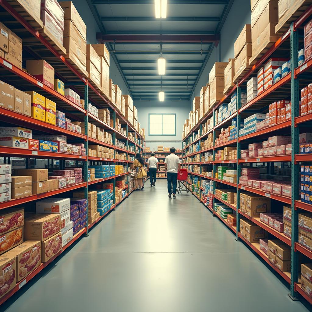 Cảnh quan bên trong MM Mega Market Hoàng Mai với kệ hàng cao, lối đi rộng và đa dạng sản phẩm.