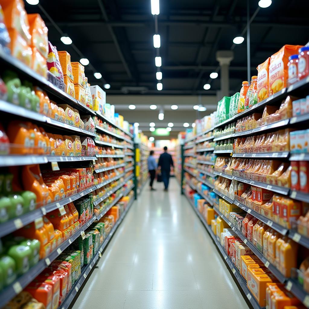 Bên trong siêu thị VinMart, trưng bày đa dạng các mặt hàng từ thực phẩm đến nhu yếu phẩm hàng ngày.