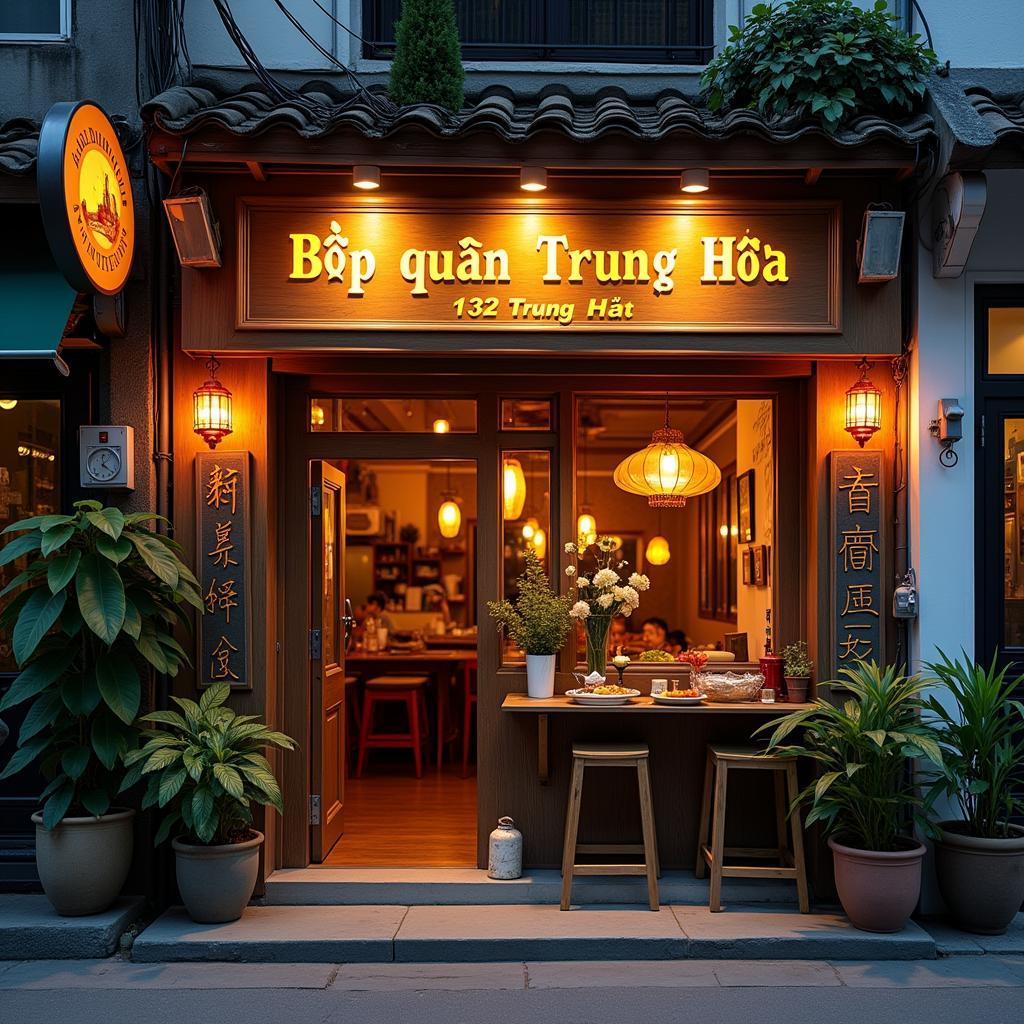 Mặt tiền Bếp quán Trung Hòa tại địa chỉ 132 Trung Hòa, Cầu Giấy, Hà Nội với không gian ấm cúng.