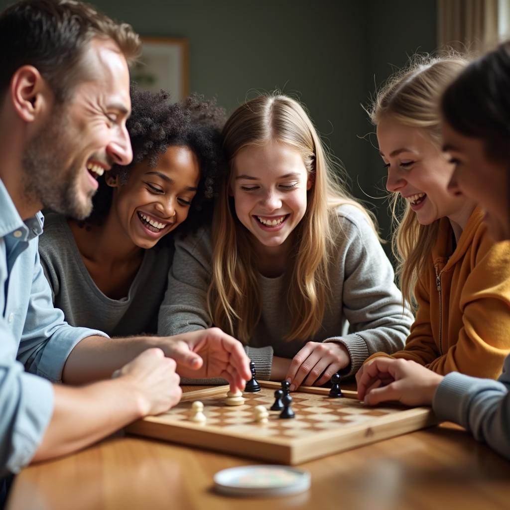Một nhóm bạn với nhiều độ tuổi khác nhau đang cùng chơi board game trên bàn gỗ, thể hiện bí quyết gắn kết qua hoạt động chung đầy thú vị