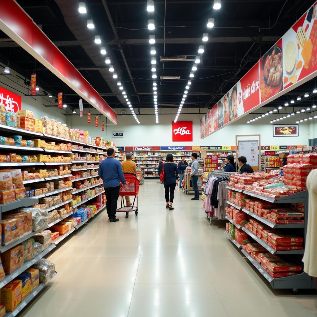 Bên trong siêu thị Big C Nguyễn Sơn với các lối đi rộng rãi và kệ hàng đầy ắp sản phẩm.