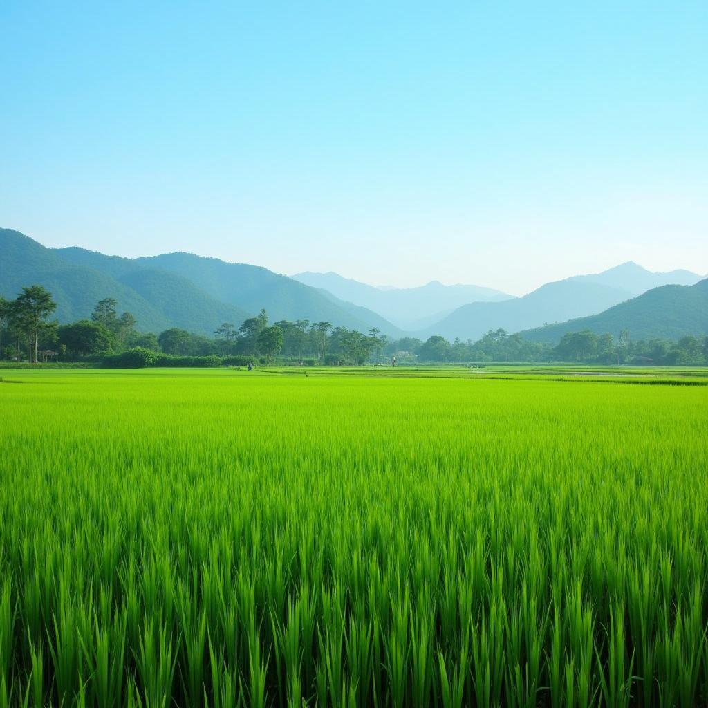 Cánh đồng lúa xanh mướt tại Xã Bình Ca, Tỉnh Tuyên Quang với núi đồi phía xa, thể hiện vẻ đẹp yên bình của vùng quê