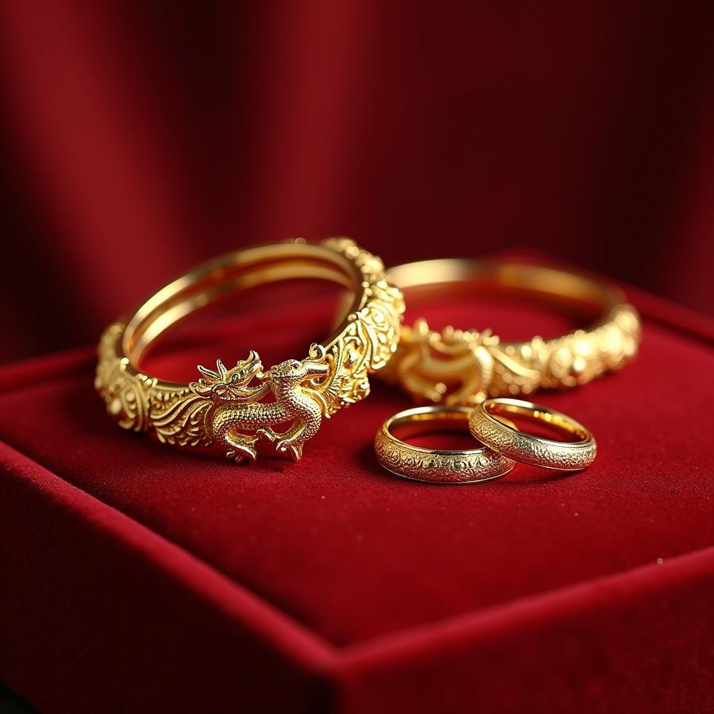 Cận cảnh bộ trang sức cưới vàng 24K tinh xảo tại Tiệm vàng Kim Sen, gồm nhẫn, kiềng và vòng tay.