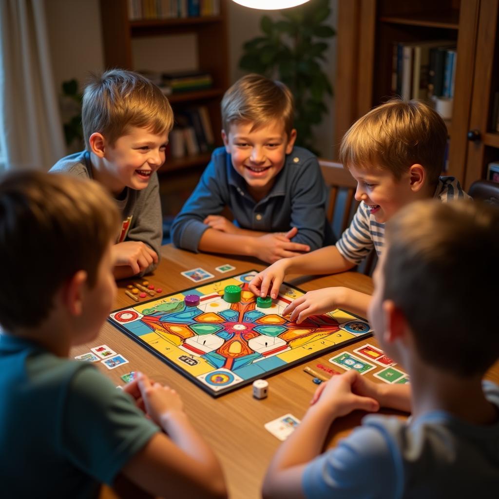 Hai anh em trai đang cười vui vẻ khi cùng gia đình chơi board game trên bàn gỗ ấm cúng.