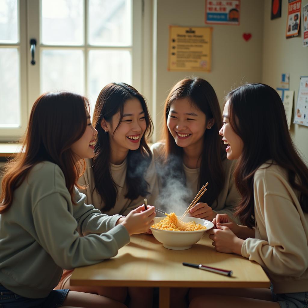Bốn nữ sinh viên vui vẻ quây quần bên gói mì tôm nóng hổi trong căn phòng trọ nhỏ hẹp