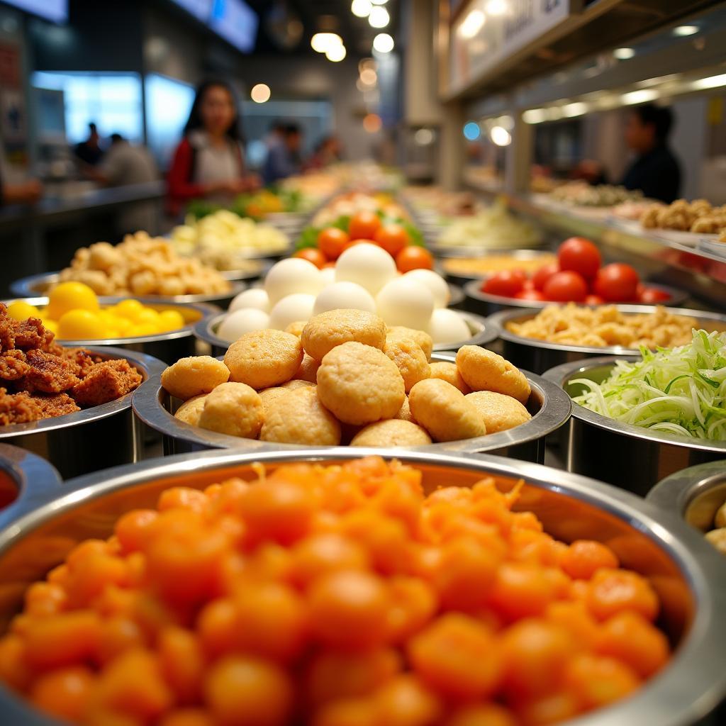 Quầy buffet Dookki Thanh Hóa đầy ắp tokbokki, đồ ăn kèm và món chiên hấp dẫn.