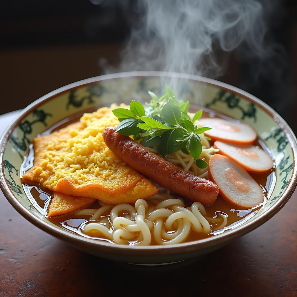 Bát bún thang lươn Hưng Yên nóng hổi, hấp dẫn với thịt lươn vàng ươm, trứng thái sợi, giò lụa và rau thơm trên nền nước dùng trong vắt.