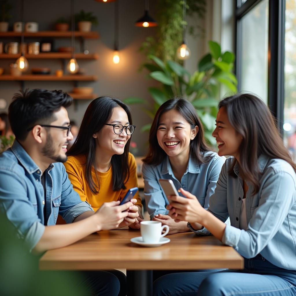 Một nhóm bạn trẻ đa dạng đang vui vẻ uống cà phê, minh họa cho việc kết bạn thành công từ ứng dụng hẹn hò.