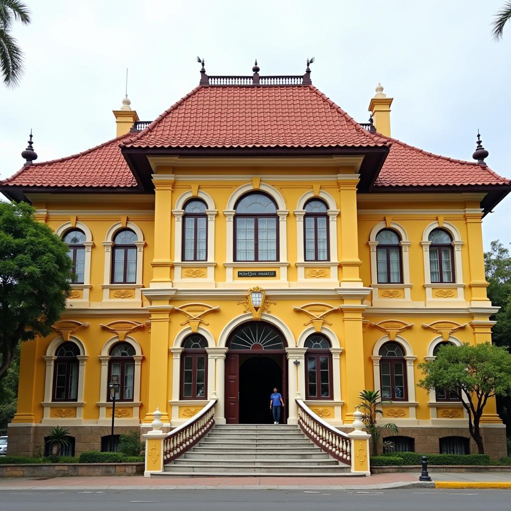 Bưu điện Đà Lạt cổ kính với kiến trúc Pháp đặc trưng, mái ngói đỏ, tường vàng.