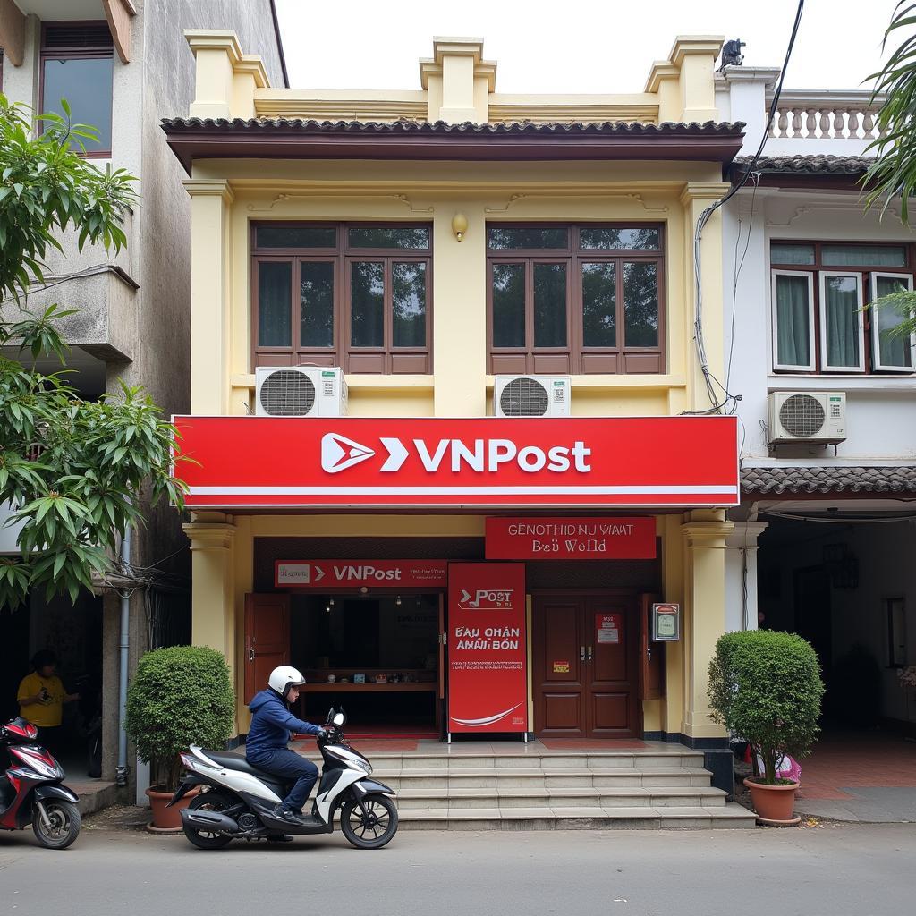Bưu điện Nhà Bè tại đường Huỳnh Tấn Phát, Thị trấn Nhà Bè, TP.HCM, với bảng hiệu VNPost rõ ràng.