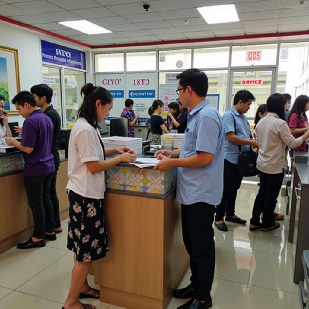 Khách hàng thực hiện giao dịch gửi nhận bưu phẩm tại quầy Bưu điện Quận 3