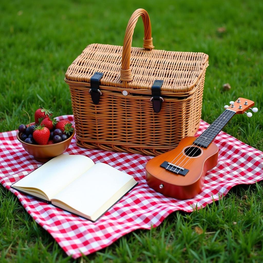Các vật dụng cần thiết cho buổi picnic được sắp xếp gọn gàng trên bãi cỏ, bao gồm giỏ mây, thảm trải, sách, hoa quả và một cây đàn ukulele.