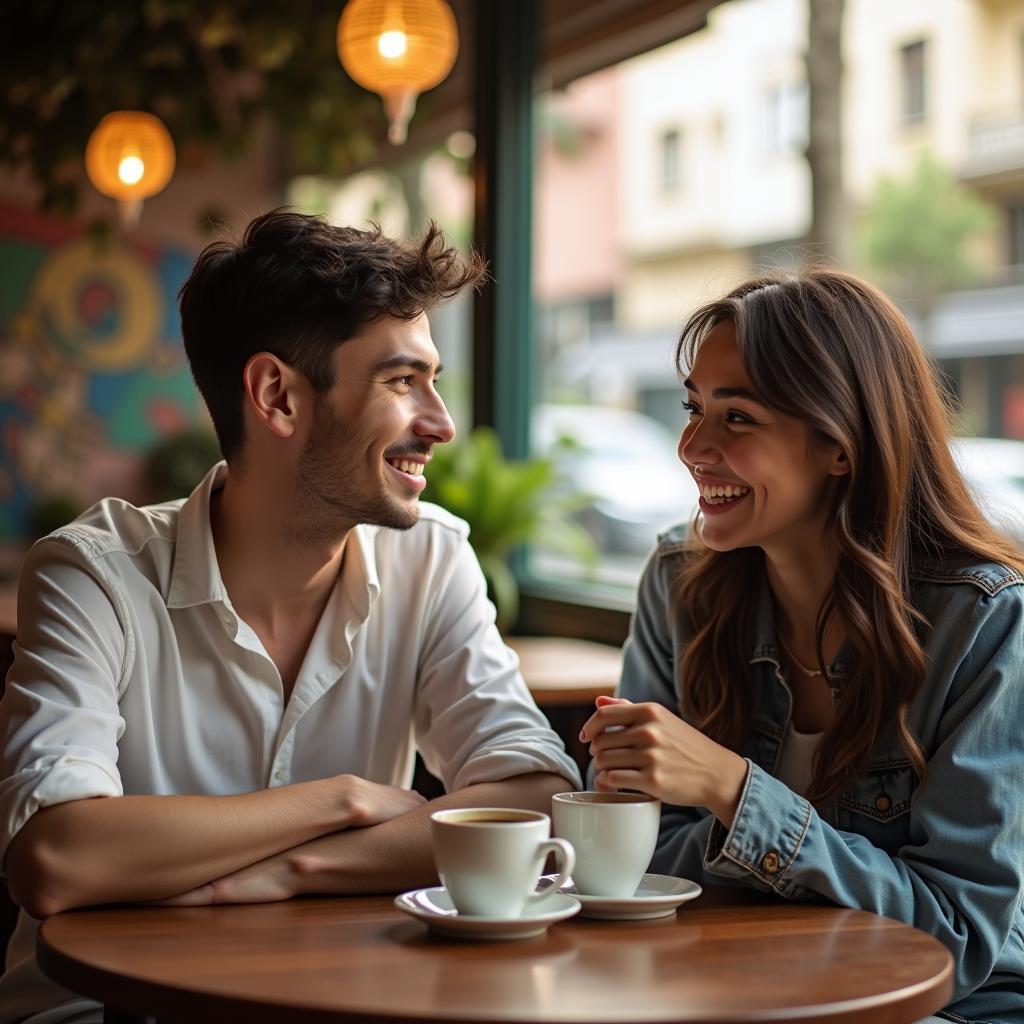Hình ảnh hai người trẻ đang trò chuyện vui vẻ tại một quán cà phê, minh họa cho cách bắt chuyện làm quen bạn mới thành công.