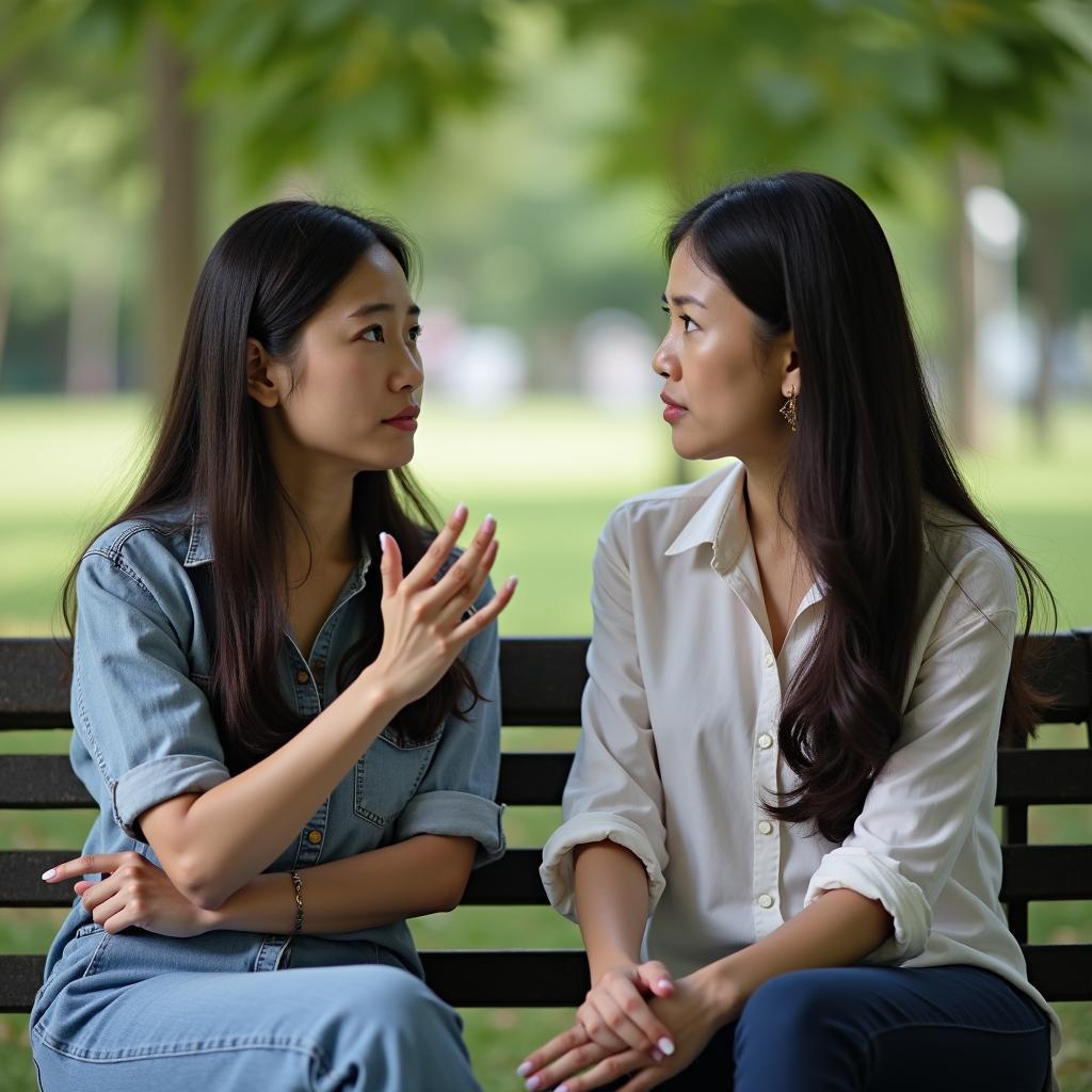 Hai người bạn đang cùng nhau tìm cách giải quyết mâu thuẫn một cách bình tĩnh, minh họa cho cách giao tiếp hiệu quả khi có bất đồng.