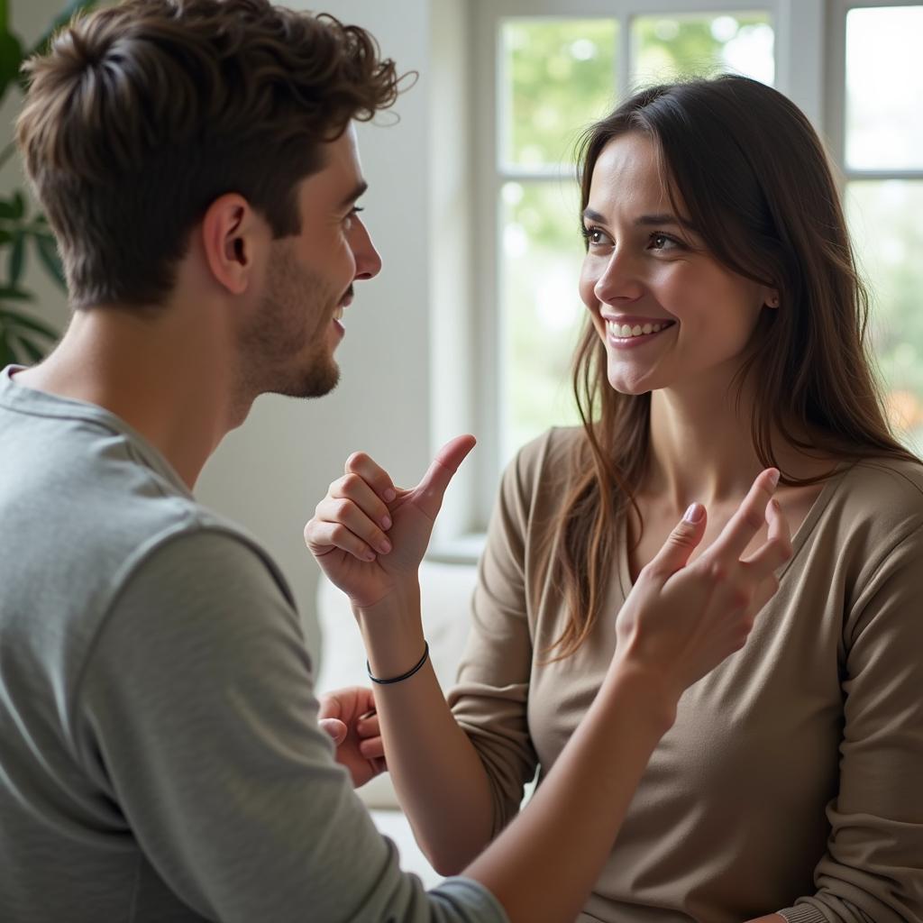 Một chàng trai và một cô gái đang trò chuyện, chàng trai có một cử chỉ khéo léo và tôn trọng để giải thích một điều gì đó, tránh gây hiểu lầm trong tình bạn khác giới.
