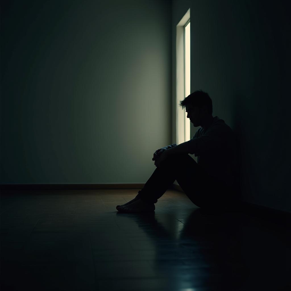 Một người ngồi một mình trong căn phòng tối, ánh sáng le lói từ cửa sổ chiếu vào, thể hiện cảm giác cô đơn và mất niềm tin vào tình bạn.