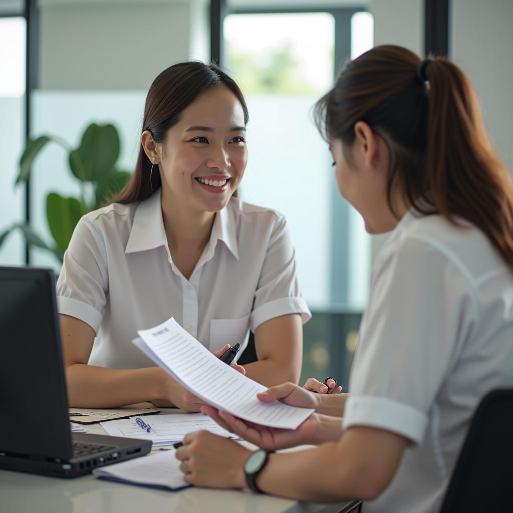 Cán bộ UBND xã Vọng La Đông Anh hướng dẫn thủ tục hành chính cho người dân 