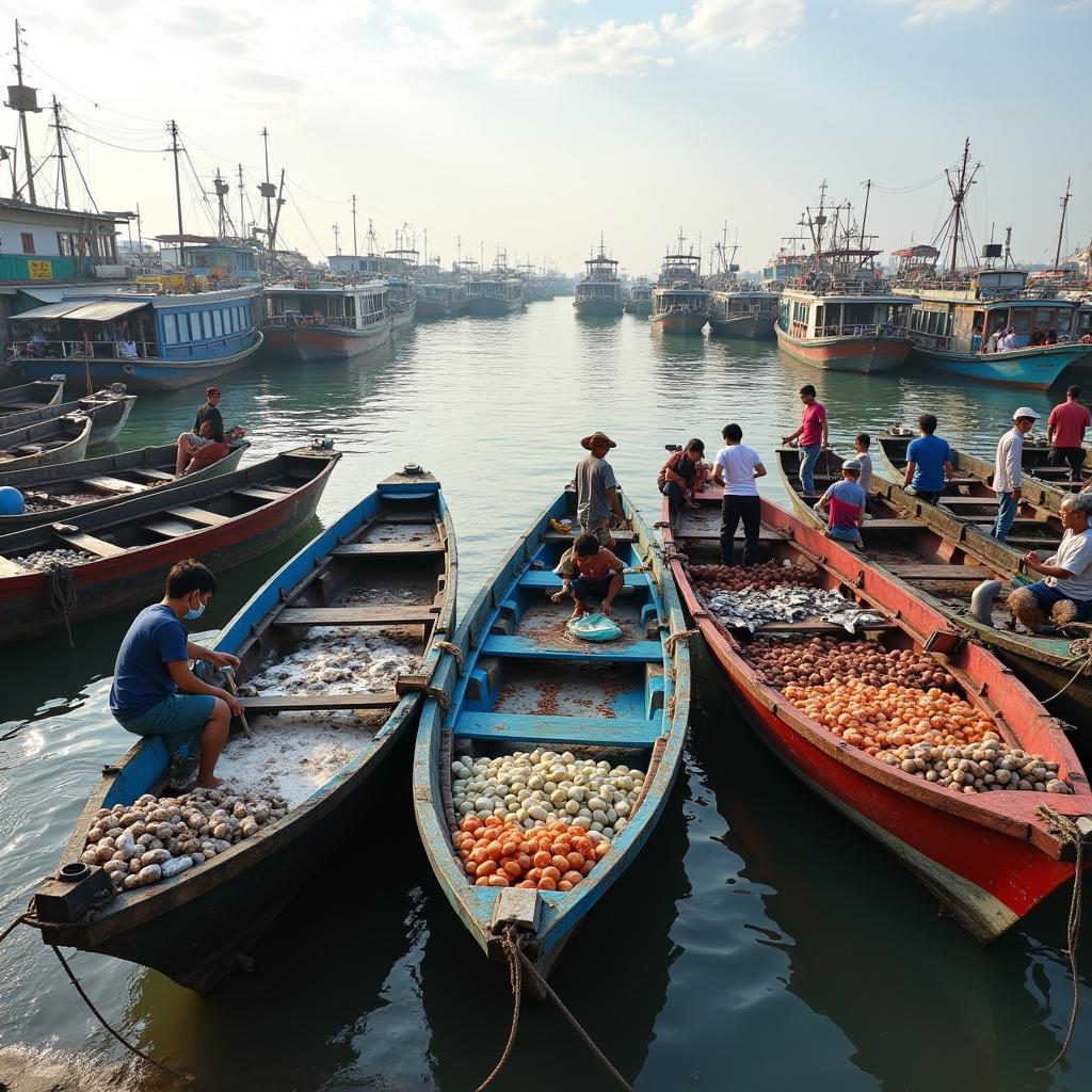 Cảng cá Phan Thiết 3 Ngư Ông đông đúc tàu thuyền neo đậu và hoạt động mua bán hải sản tươi sống buổi sáng sớm