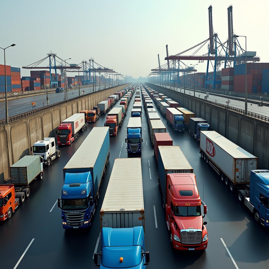Hinh anh xe container va xe tai dong nghit tren duong vao Cang Cat Lai