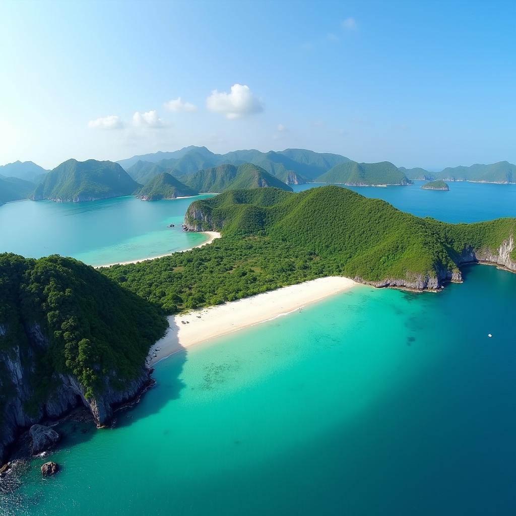 Bức tranh toàn cảnh bãi biển tại Đặc khu Côn Đảo với làn nước trong xanh, bờ cát trắng mịn và những dãy núi hùng vĩ bao bọc, thể hiện tiềm năng du lịch nghỉ dưỡng cao cấp.