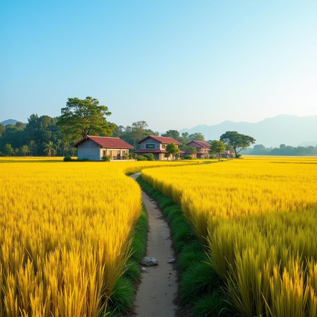 Bức tranh làng quê Xã Bạch Thông, Thái Nguyên bình yên với cánh đồng lúa chín vàng rực rỡ dưới nắng chiều