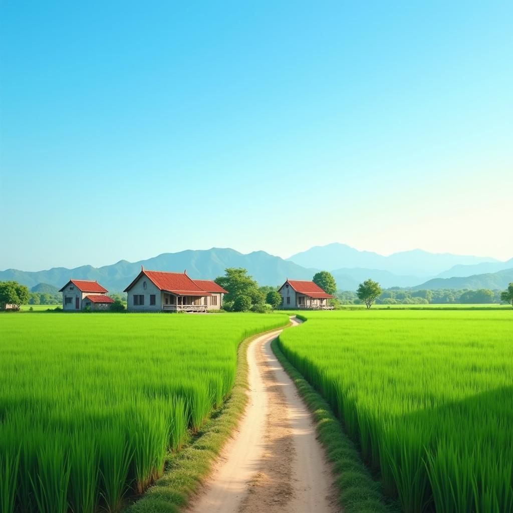 Bức tranh làng quê Bắc Bộ thanh bình tại Xã Trung Chính, Bắc Ninh với cánh đồng lúa xanh mướt và con đường làng nhỏ.