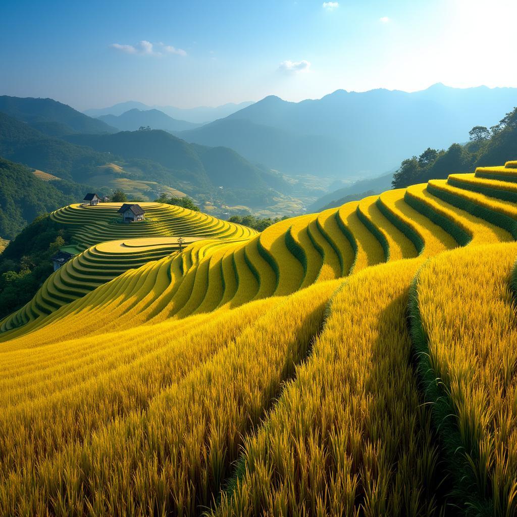 Vẻ đẹp hùng vĩ của những thửa ruộng bậc thang tại Pờ Ly Ngài, Tuyên Quang mùa lúa chín vàng óng