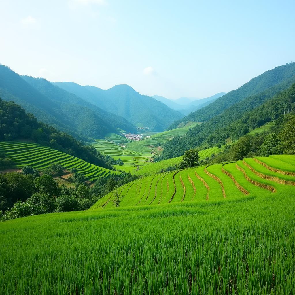 Cảnh quan yên bình của Xã Lục Yên, Tỉnh Lào Cai với núi non và đồng ruộng