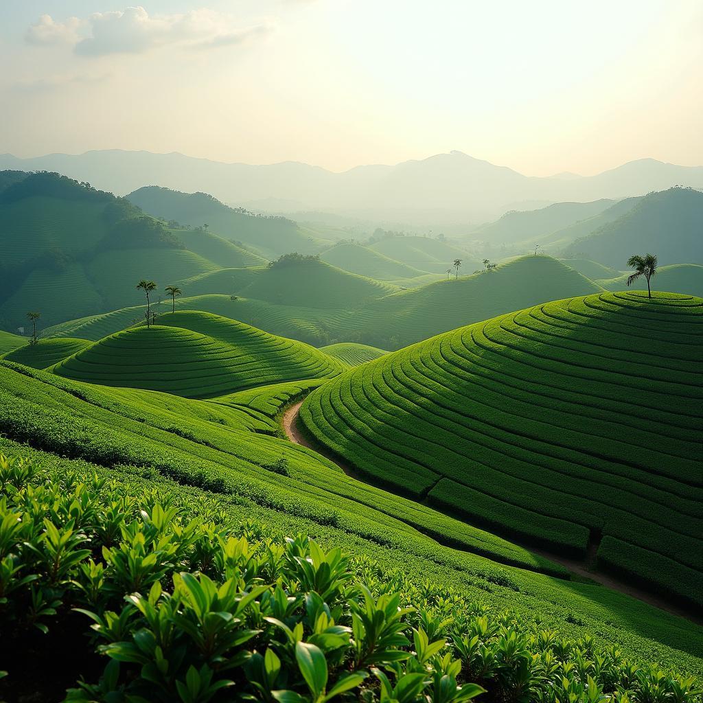 Khung cảnh đồi chè xanh mướt tại Xã Sơn Đông, Tỉnh Phú Thú Thọ vào buổi sáng sớm