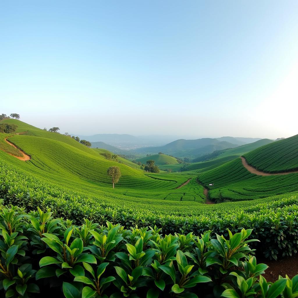 Cánh đồng chè xanh mướt trải dài tại vùng nông thôn Thái Nguyên, thể hiện vẻ đẹp bình yên và nghề truyền thống