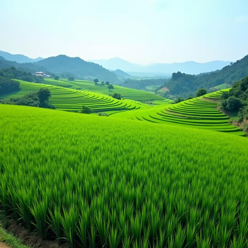 Cánh đồng lúa xanh mướt trải dài tại Xã Kiên Đài Chiêm Hóa Tuyên Quang vào mùa vụ
