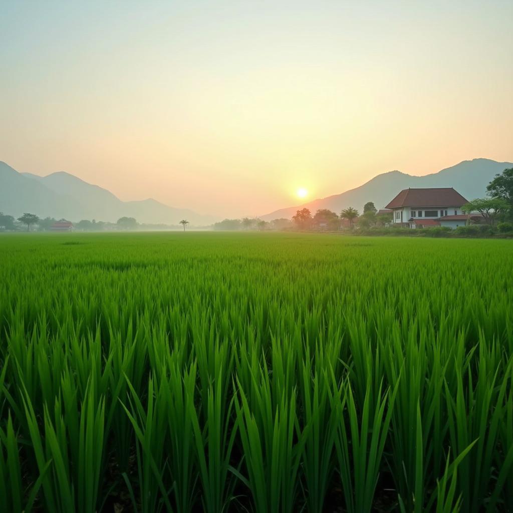Khung cảnh cánh đồng lúa xanh mướt tại xã Bình Thanh, tỉnh Hưng Yên, một bức tranh làng quê yên bình và trù phú.