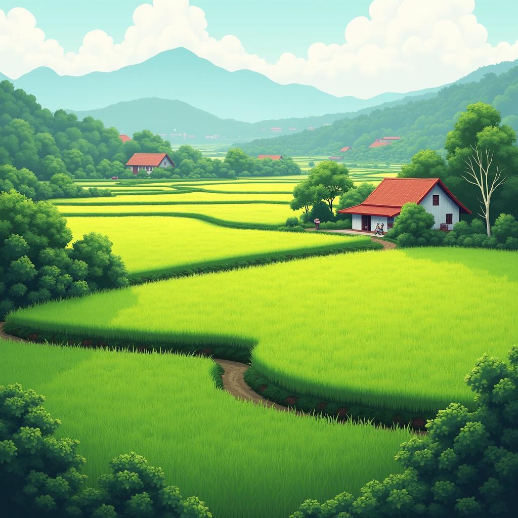 Canh dong lua xanh muot va nha cua binh di o Xa Duy Nghia Huyen Duy Xuyen