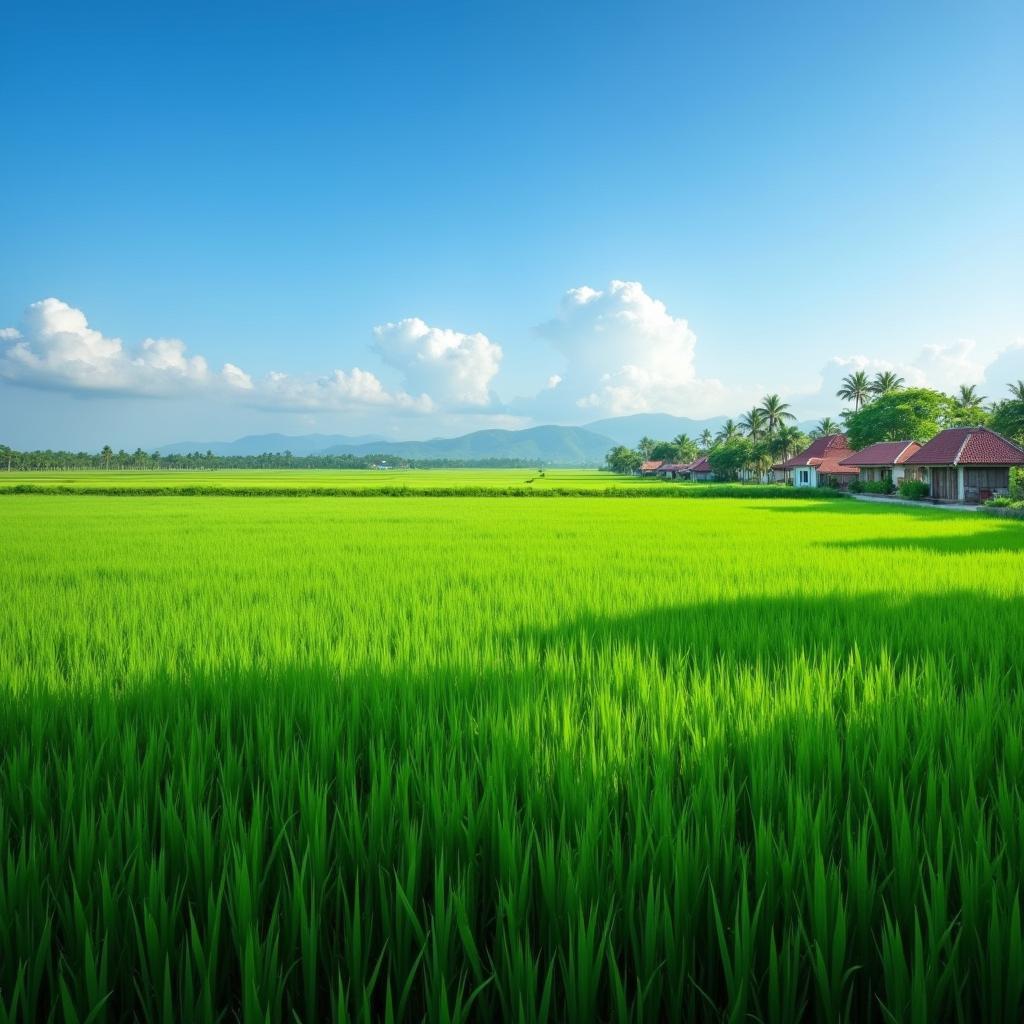 Hình ảnh cánh đồng lúa xanh mướt và yên bình tại xã Vũ Tiên, huyện Kim Động, tỉnh Hưng Yên, thể hiện vẻ đẹp nông thôn Bắc Bộ.