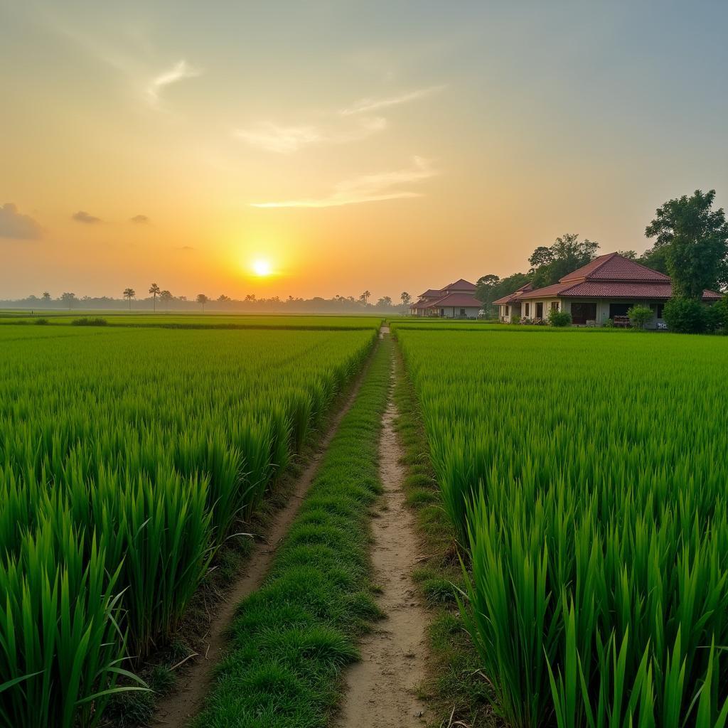 Hình ảnh cánh đồng lúa xanh mướt và yên bình tại xã Quang Lịch, tỉnh Hưng Yên, mang lại cảm giác thư thái cho du khách