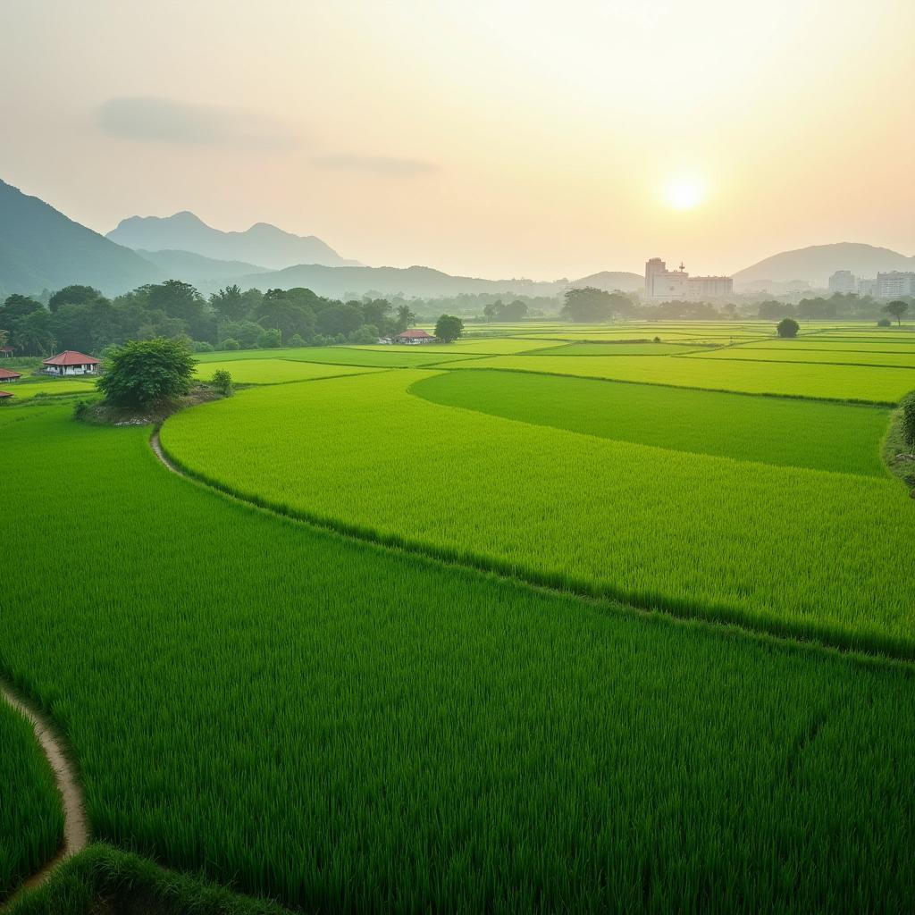 Hình ảnh cánh đồng lúa xanh mướt và thanh bình tại Xã Tân Sơn, thành phố Bắc Ninh, thể hiện nét đẹp nông thôn.