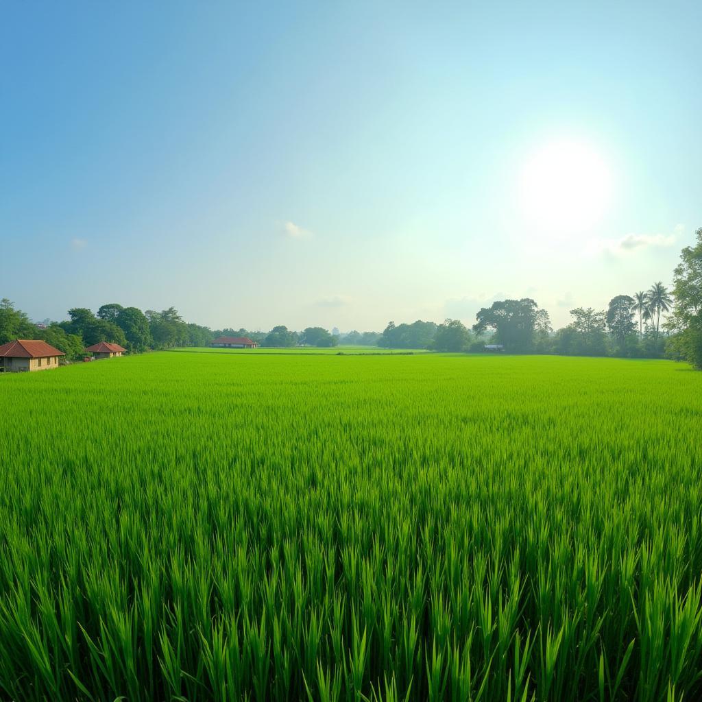 Toàn cảnh cánh đồng lúa xanh mướt và yên bình tại xã Vũ Phúc, tỉnh Hưng Yên