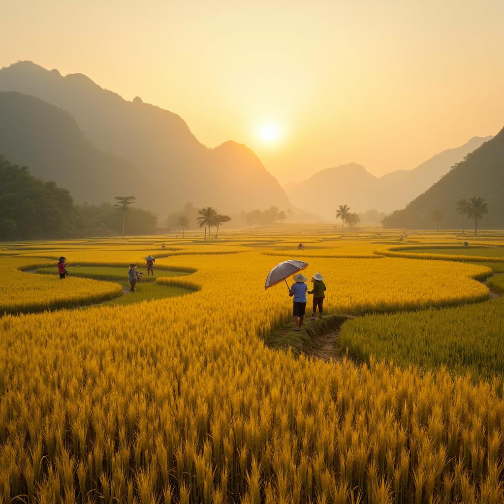 Khung cảnh mùa gặt rộn ràng với những cánh đồng lúa chín vàng óng tại xã Mai Hạ, Cẩm Khê, Phú Thọ.