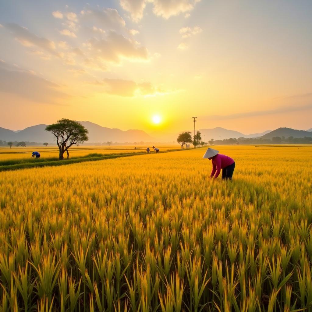 Bức tranh đồng quê Bắc Đông Hưng, Tỉnh Hưng Yên với cánh đồng lúa chín vàng rực rỡ dưới ánh nắng chiều.